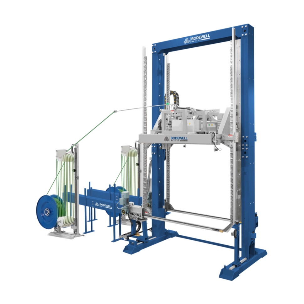 Automatic Vertical Strapping Machine with <em style="color: #0035A7;">Dual heads</em> & <em style="color: #B80096;">Compression</em>