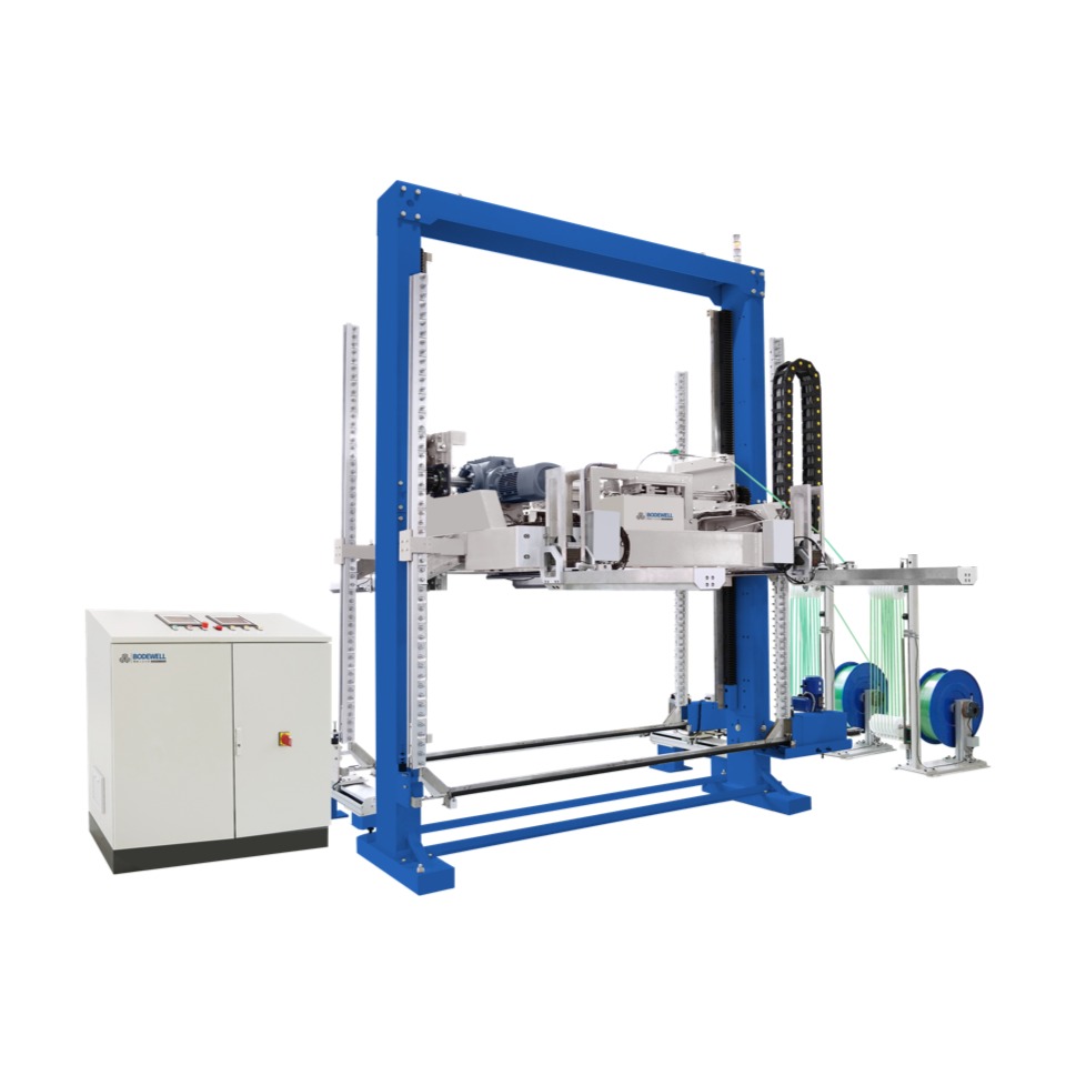 Vertical Strapping Machine With <em style="color: #0035A7;">Dual Heads</em>, <em style="color: #B80096;">Compression</em> and <em style="color: #0A6771;">Corner Dispenser</em>