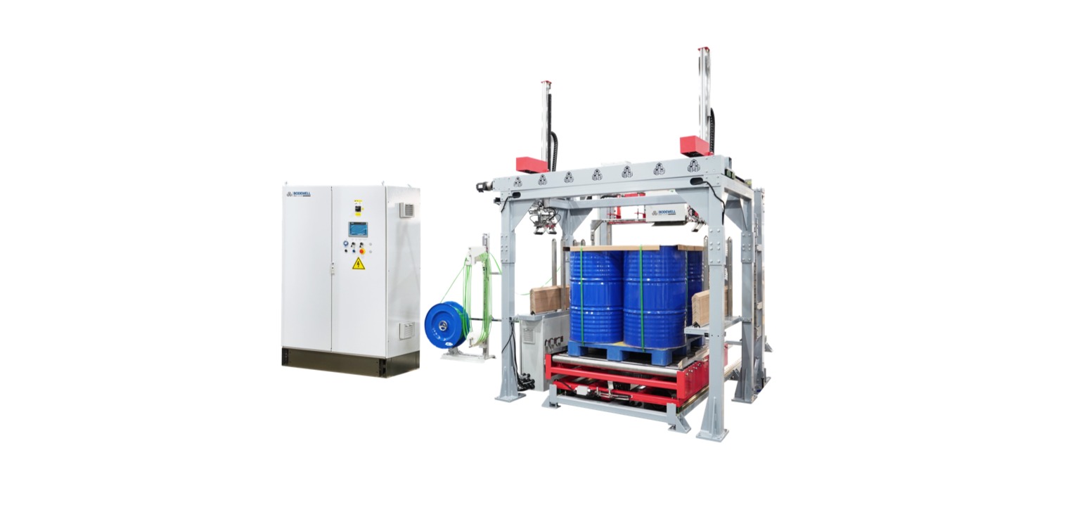 Vertical Strapping with Corner Dispenser for Chemical Containers